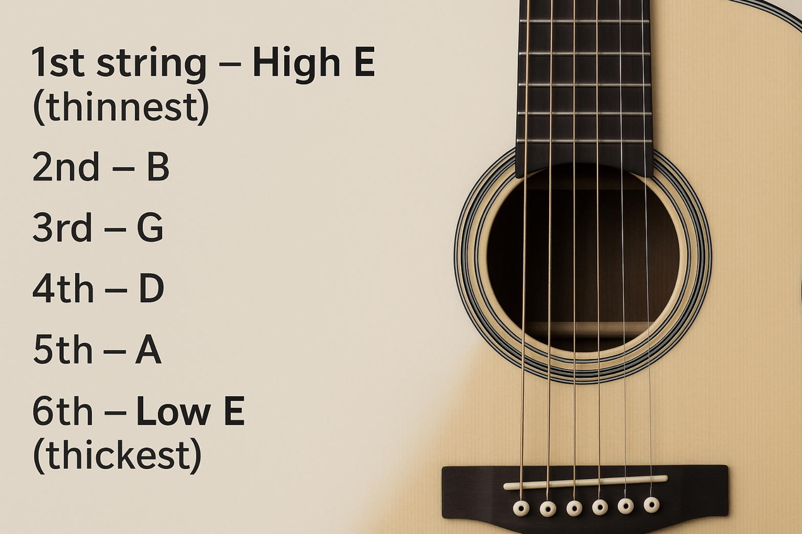 Guitar body close-up with string numbers and names labeled from 1st high E to 6th low E