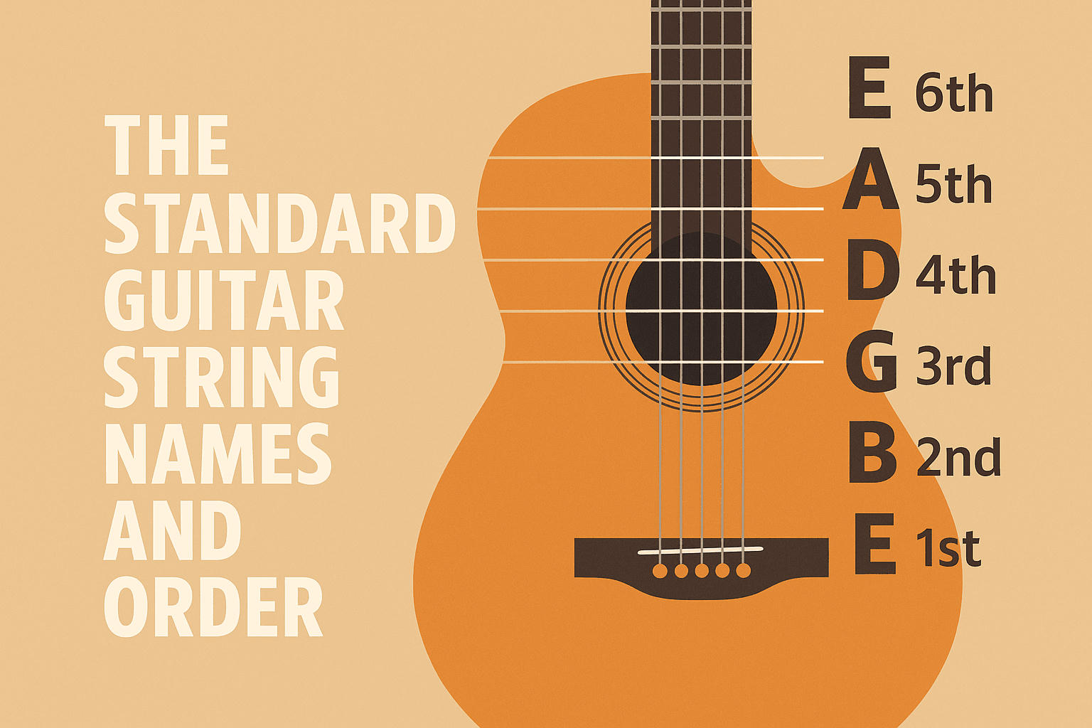 Illustrated guitar showing standard string names and order E A D G B E